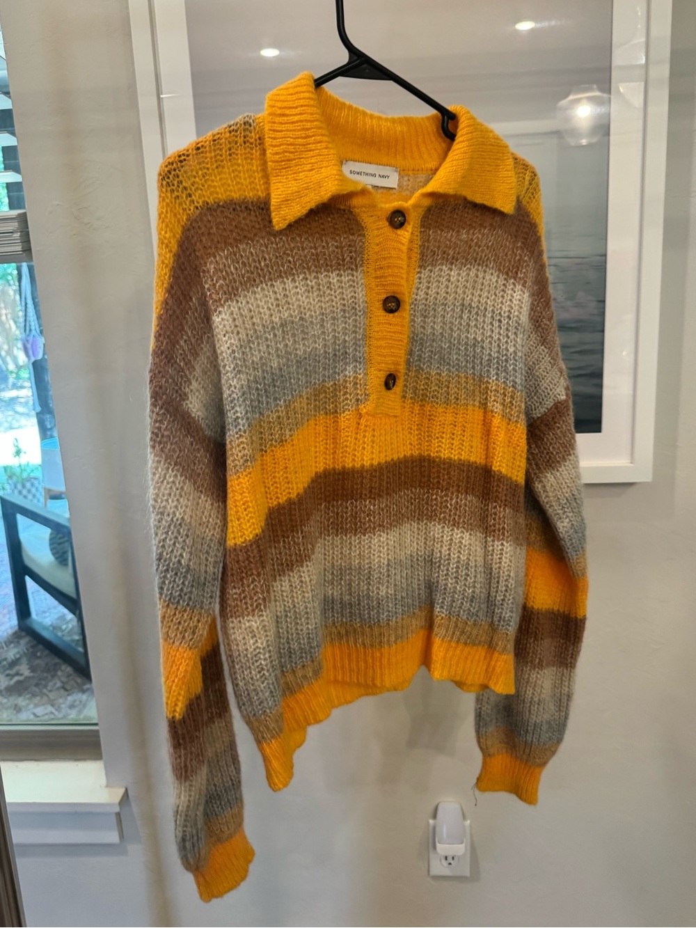Something Navy Striped V-Neck Polo Sweater in Mustard, Brown & Gray